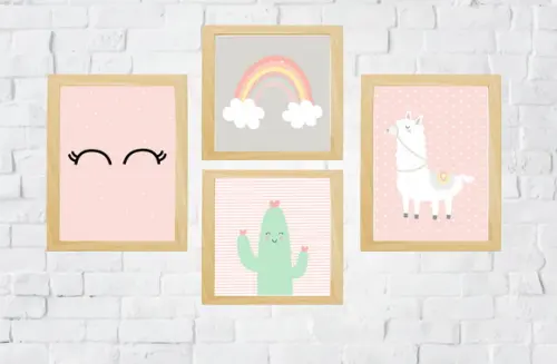 Quadros Infantil Menina Lhama Cílios Arco Íris e Cacto