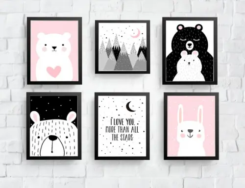 Quadros Infantil Menina Mamãe Urso Coelho Montanhas Lua