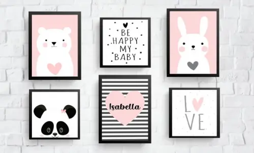 Quadros Infantil Menina Nome Coelho Urso Panda e Love