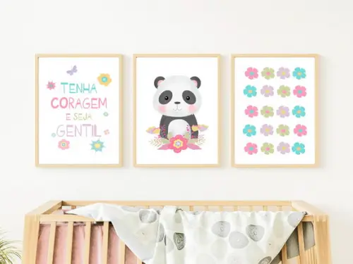 Quadros Infantil Menina Panda Floral Tenha Coragem E Gentil