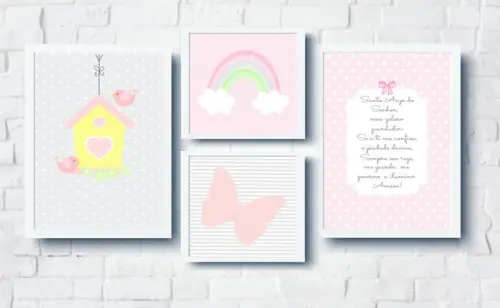 Quadros Infantil Menina Passarinhos Borboleta e Arco Íris