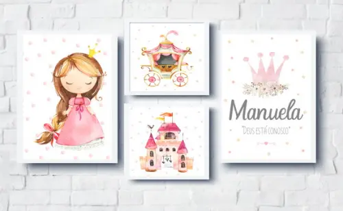 Quadros Infantil Menina Princesa Castelo e Nome