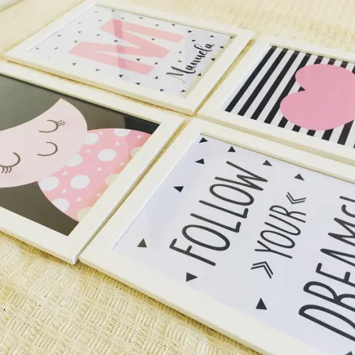 Quadros Infantil Menina Passarinhos Borboleta e Arco Íris