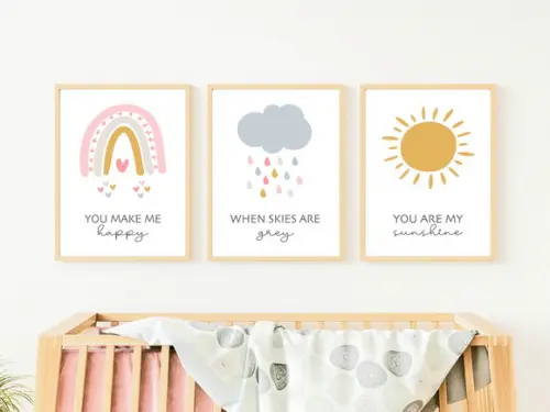 Quadros Infantil Menina Sunshine Arco Íris e Nuvem A3