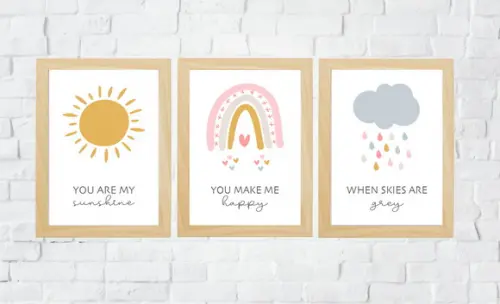 Quadros Infantil Menina Sunshine Arco Íris e Nuvem A4