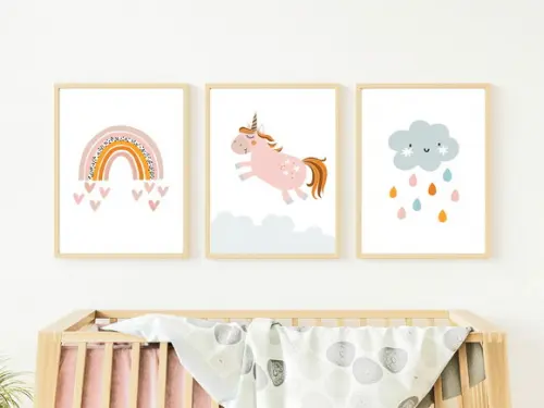 Quadros Infantil Menina Unicórnio Arco Íris Boho e Nuvem