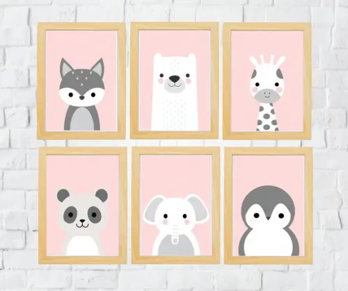 Quadros Infantil Menina Urso Pinguim Raposa Girafa Elefante