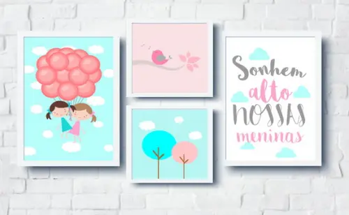 Quadros Infantil Meninas Irmãs Balões Passarinho e Árvores