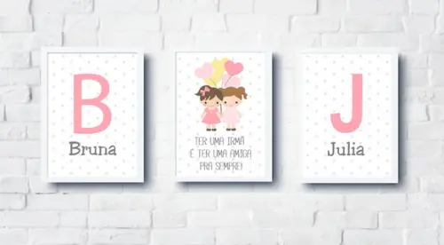 Quadros Infantil Meninas Irmãs Balões e Nomes A4