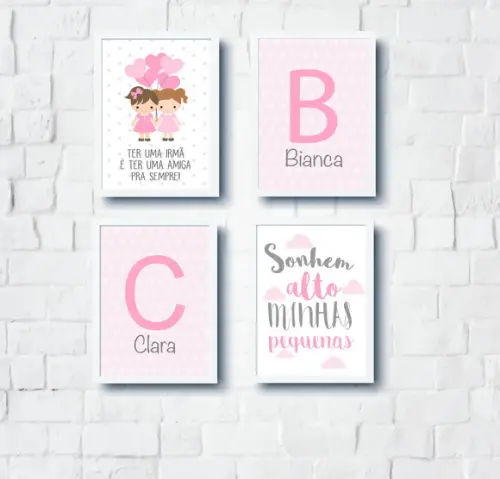 Quadros Infantil Meninas Irmãs Balões Sonhem Alto e Nomes A4