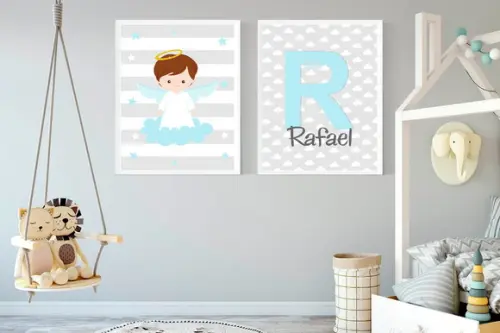 Quadros Infantil Menino Anjo da Guarda e Nome Personalizado