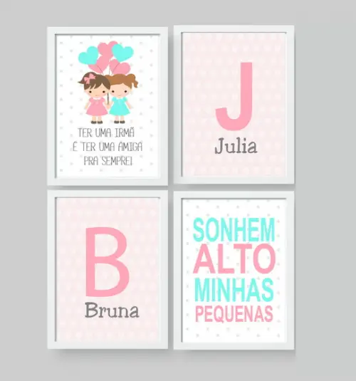 Quadros Infantil Meninas Irmãs Balões Sonhem Alto e Nomes A4