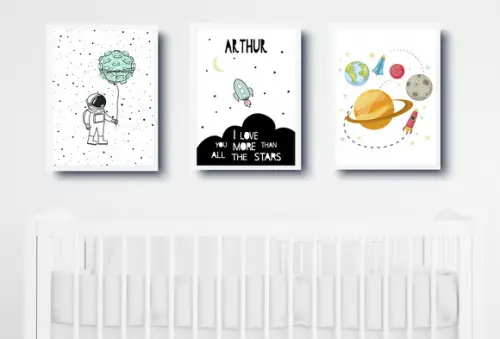Quadros Infantil Menino Astronauta Foguete e Planetas A4