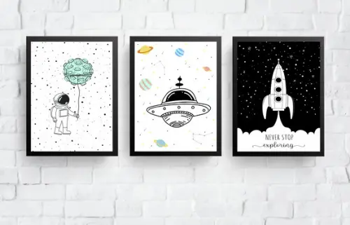 Quadros Infantil Menino Astronauta Nave e Foguete Escandi A4