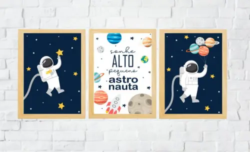 Quadros Infantil Menino Astronauta Planetas e Sonhe Alto A3