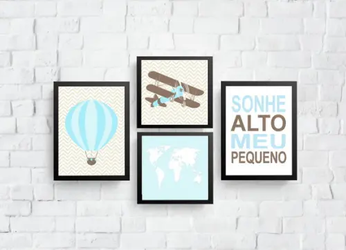 Quadros Infantil Menino Avião Balão Mapa Mundi Sonhe Alto