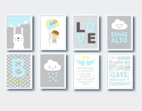 Quadros Infantil Menino Balões Love Oração e Nuvem