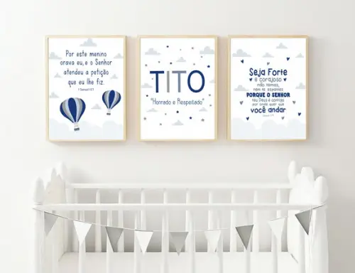 Quadros Infantil Menino Balões Nuvem e Versículo Seja Forte