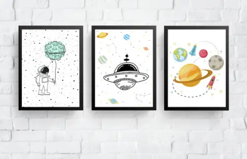 Quadros Infantil Menino Astronautas Nave e Planetas A4