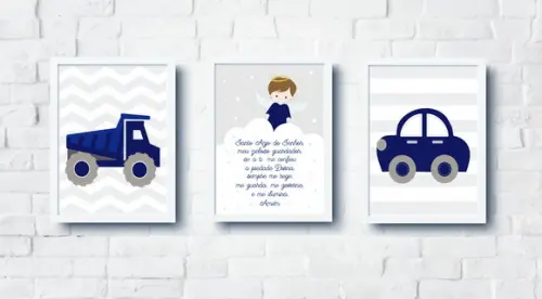 Quadros Infantil Menino Oração Anjo da Guarda e Carrinho