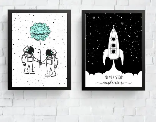 Quadros Infantil Meninos Astronautas e Foguete A4