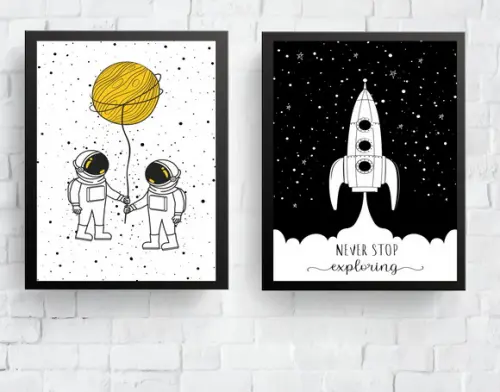 Quadros Infantil Meninos Astronautas e Foguete Never Stop