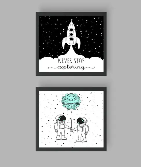 Quadros Infantil Meninos Astronautas e Foguete