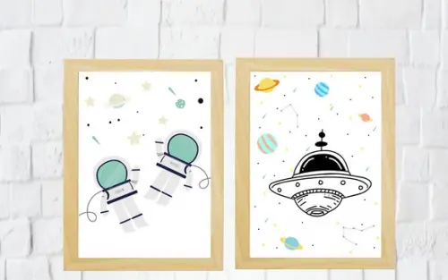 Quadros Infantil Meninos Astronautas e Nave A4