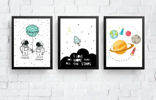 Quadros Infantil Meninos Astronautas Foguete e Planetas