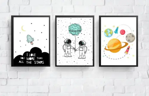 Quadros Infantil Meninos Astronautas Foguete e Planetas A3