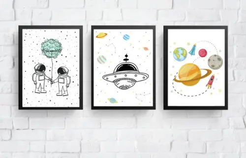 Quadros Infantil Meninos Astronautas Nave e Planetas