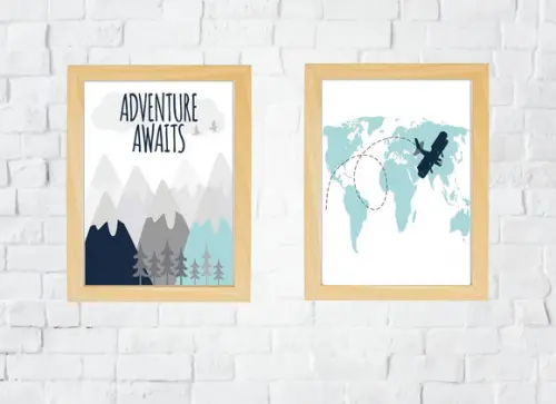 Quadros Infantil Montanhas Avião e Mapa Mundi