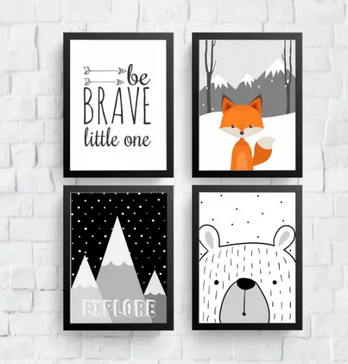 Quadros Infantil Montanha Urso Raposa Be Brave