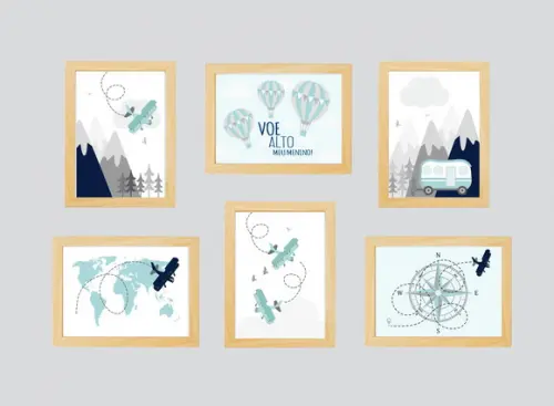 Quadros Infantil Montanhas Avião Mapa Mundi e Balão A4
