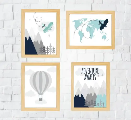 Quadros Infantil Montanhas Balão Avião Mapa Mundi
