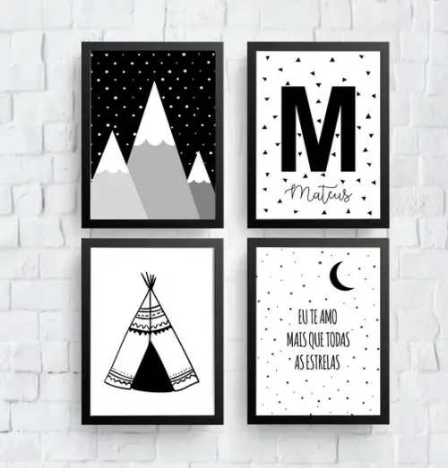 Quadros Infantil Montanhas Cabana Eu Te Amo e Nome A4