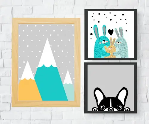 Quadros Infantil Montanhas Família Coelhos e Buldogue