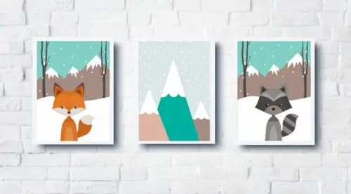Quadros Infantil Montanhas Raposa e Guaxinim A4