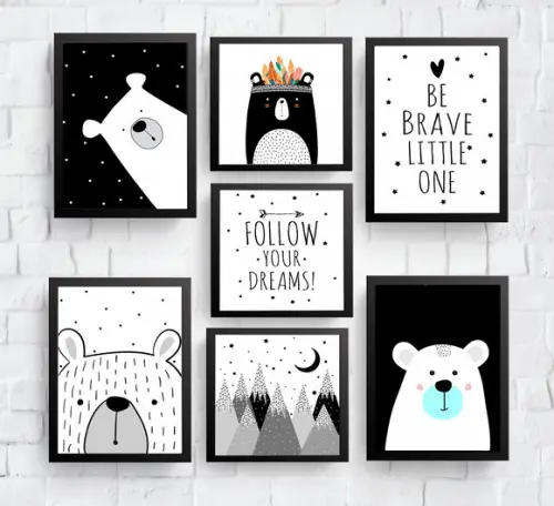 Quadros Infantil Montanhas Ursos Be Brave e Follow
