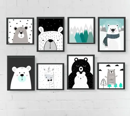 Quadros Infantil Montanhas Ursos Floresta e Zebra