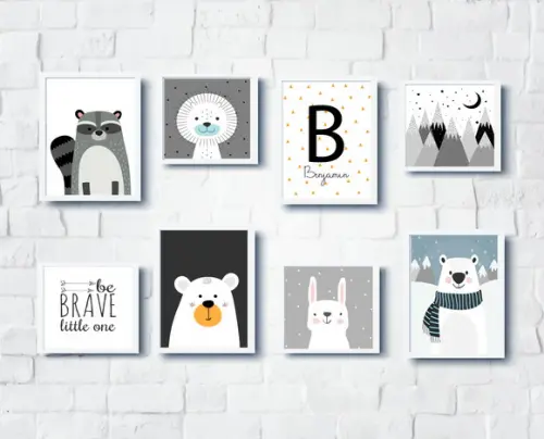 Quadros Infantil Montanhas Ursos Guaxinim Leão e Coelho