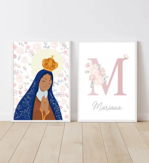 Quadros Infantil Nossa Senhora Aparecida e Nome Floral A3
