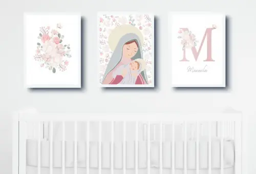 Quadros Infantil Nossa Senhora Floral e Nome Personalizado