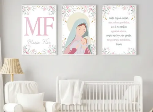 Quadros Infantil Nossa Senhora Flores Nome e Oração Anjo A3