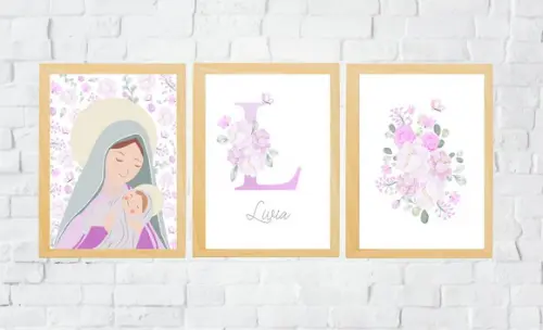Quadros Infantil Nossa Senhora Floral Lilás e Nome A3
