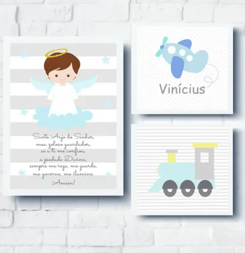 Quadros Infantil Oração Anjo Avião Nome e Trem