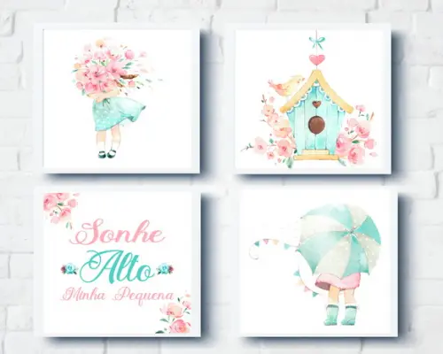 Quadros Infantil Quarto Bebê Menina Flores Jardim Aquarela