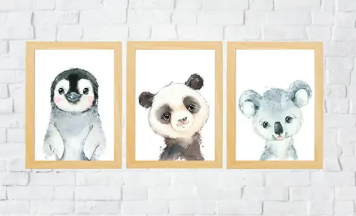 Quadros Infantil Pinguim Coala e Panda A4