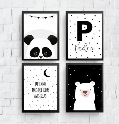Quadros Infantil Panda Urso Polar e Nome Escandinavo A4