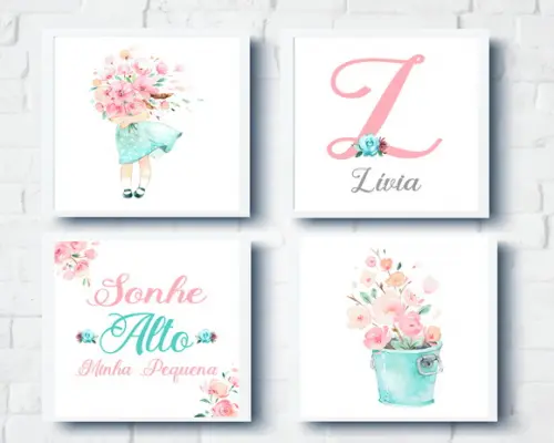 Quadros Infantil Quarto Bebê Menina Flores Jardim Aquarela